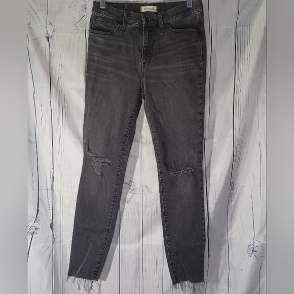 Madewell 9” Mid-Rise Skinny Distressed Black Denim Jeans Raw Hem Womens 30 - Picture 1 of 13